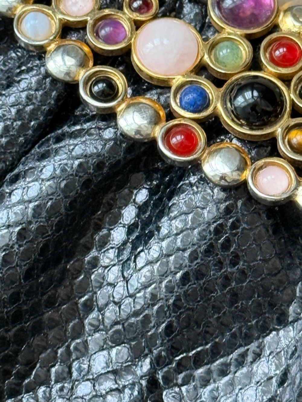 RARE!! Judith Lieber Snakeskin Shoulder Bag with Cabochon Stone Details.